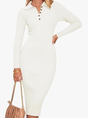 Merokeety Womens V-Neck Ribbed Knit Sweater Dress Long Sleeve Bodycon Midi